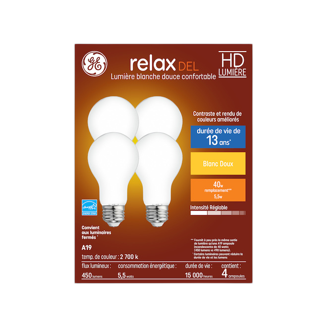 GE A19 LED BULB GLASS SOFT WHITE 6W-4/PK