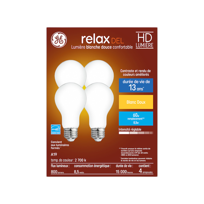 GE A19 LED BULB GLASS SOFT WHITE 9W-4/PK