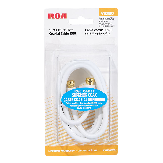 RCA IN/OUTDOOR CABLE COAXIAL RG6 PLAST/METAL WHITE 6'