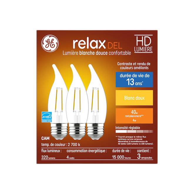 GE CAM HD LED BULB GLASS SOFT WHITE 4W-3/PK