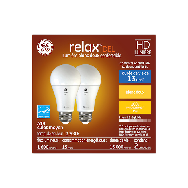 GE A19/RELAX LED BULB GLASS SOFT WHITE 100W-2/PK