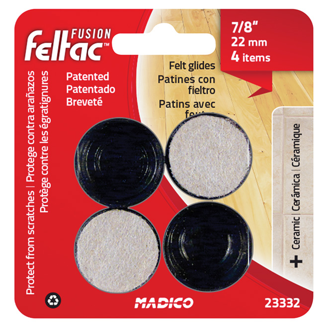 FELTAC ROUND LEG TIP FELT PLASTIC BEIGE/BLACK 7/8"x4PK