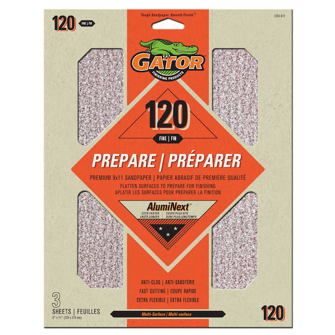 GATOR PREMIUM SANDPAPER ALUM.OXIDE ORANGE 9x11"xPK3xGT120